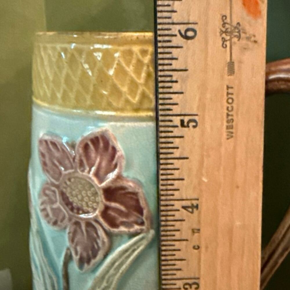 Antique English Majolica Pitcher • Relief Floral • Scroll Handle • c. 1890–1920 - Picture 11 of 14